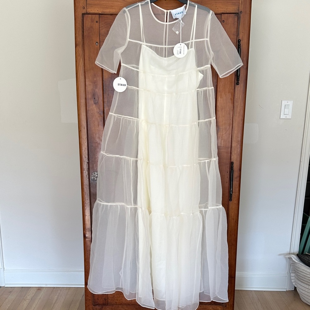 STAUD Ivory Sheer Tiered Maxi Dress